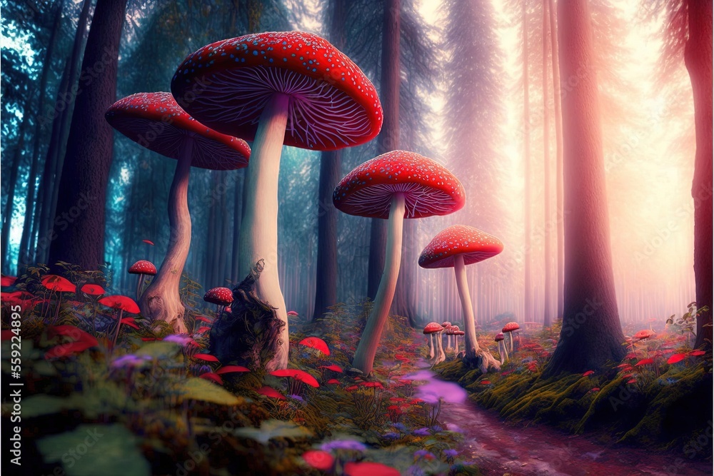Poster a group of mushrooms in a forest with flowers on the ground and trees in the background, with a path