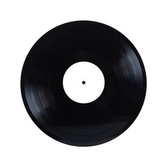 Black oldschool long-play vinyl record with empty white label isolated over white background front view closeup