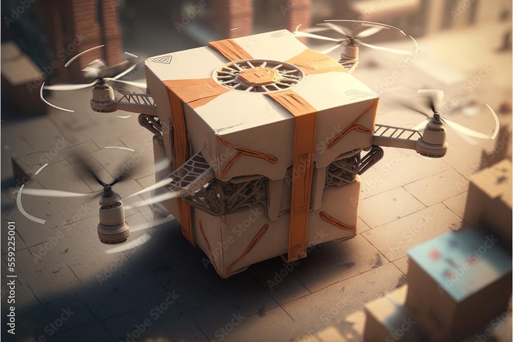 Poster a box with a propeller flying through the air with a light on it's side and a light on its side, wit