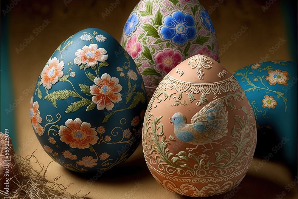Poster a group of three decorated eggs sitting on top of a table next to a basket of hay and a bird on a ta