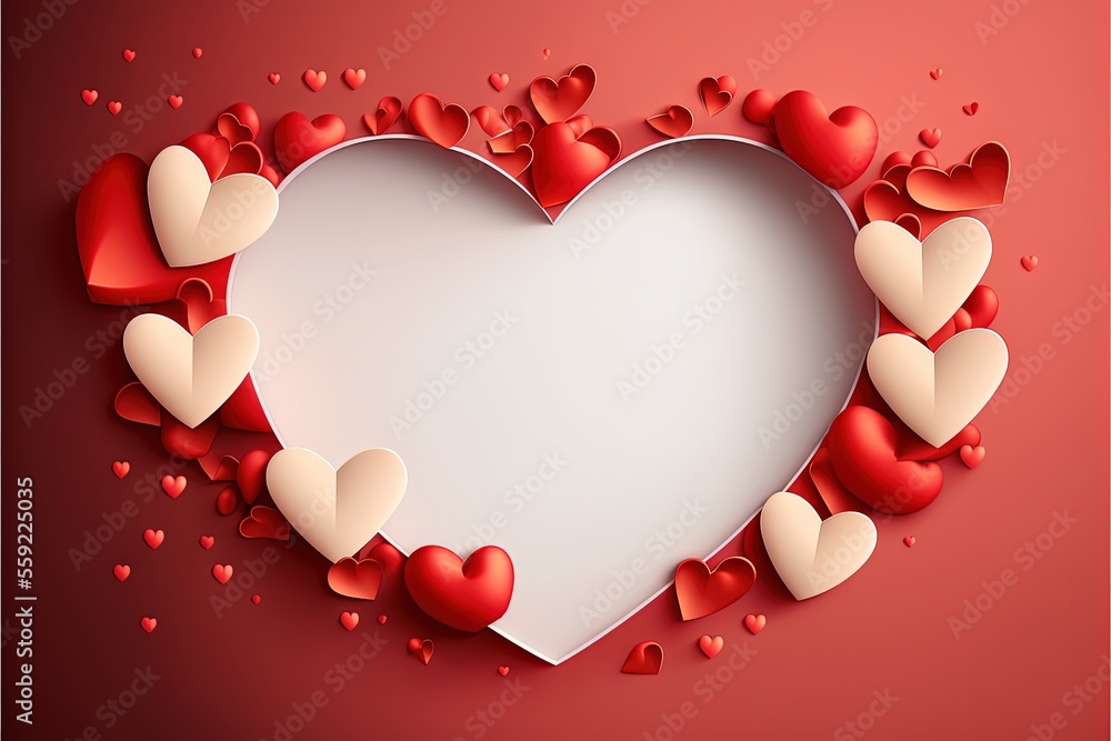 Poster a heart shaped frame with many hearts around it on a red background with a white center and a white 