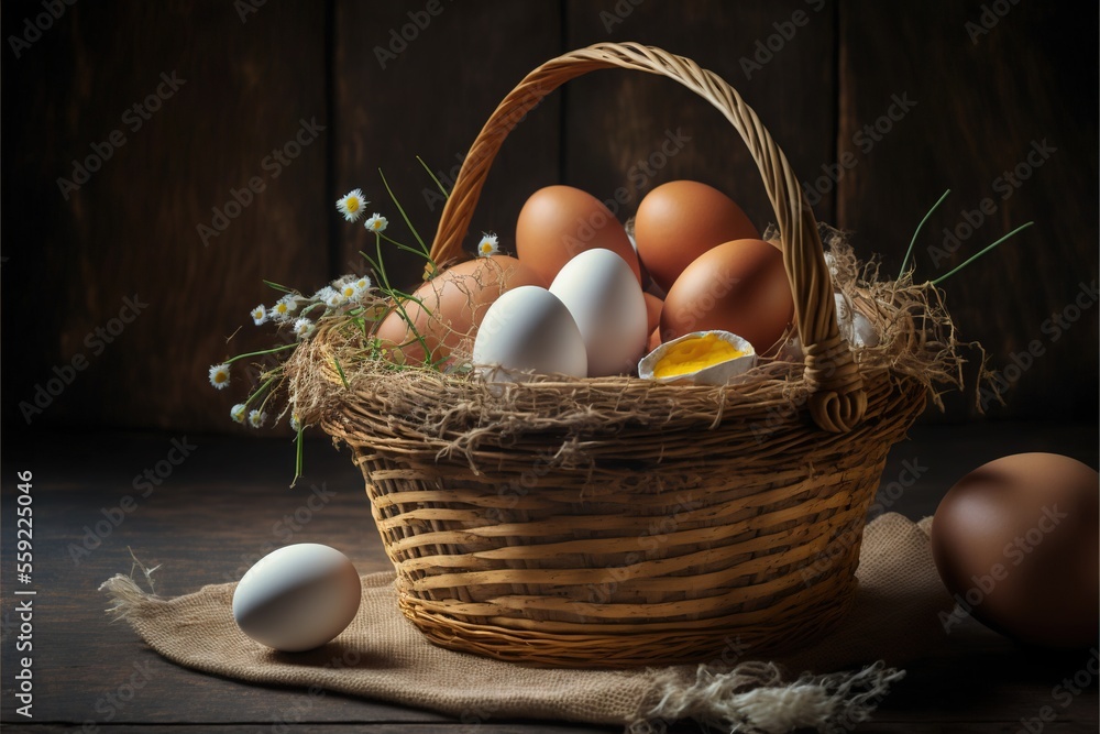 Poster a basket of eggs with a few eggs in it on a table next to a cloth and a wooden wall with a few flowe