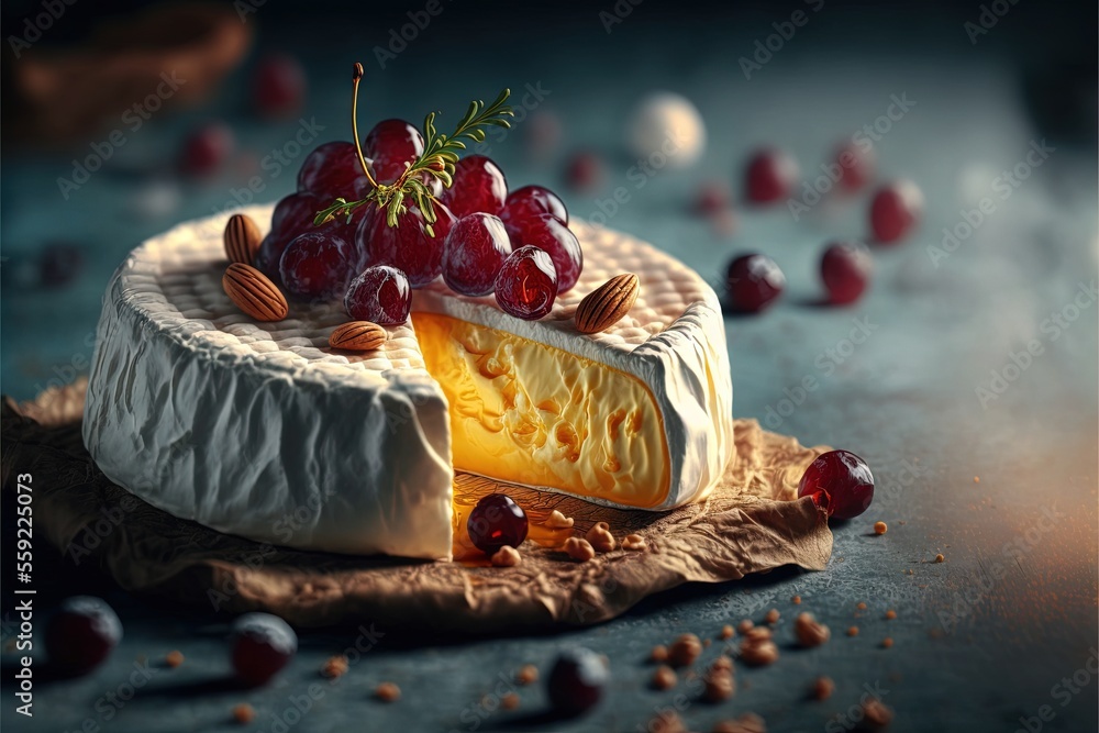 Poster a piece of cheese with grapes on top of it on a table with nuts and a piece of cheese on top of it w