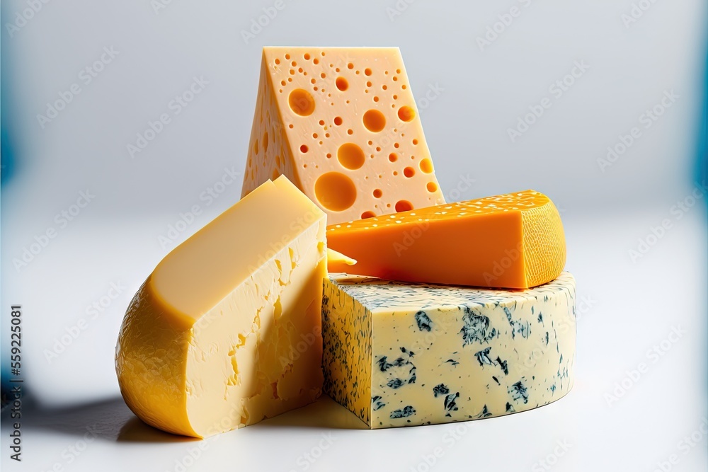 Poster a variety of cheeses are stacked on top of each other on a white surface with a blue background and 