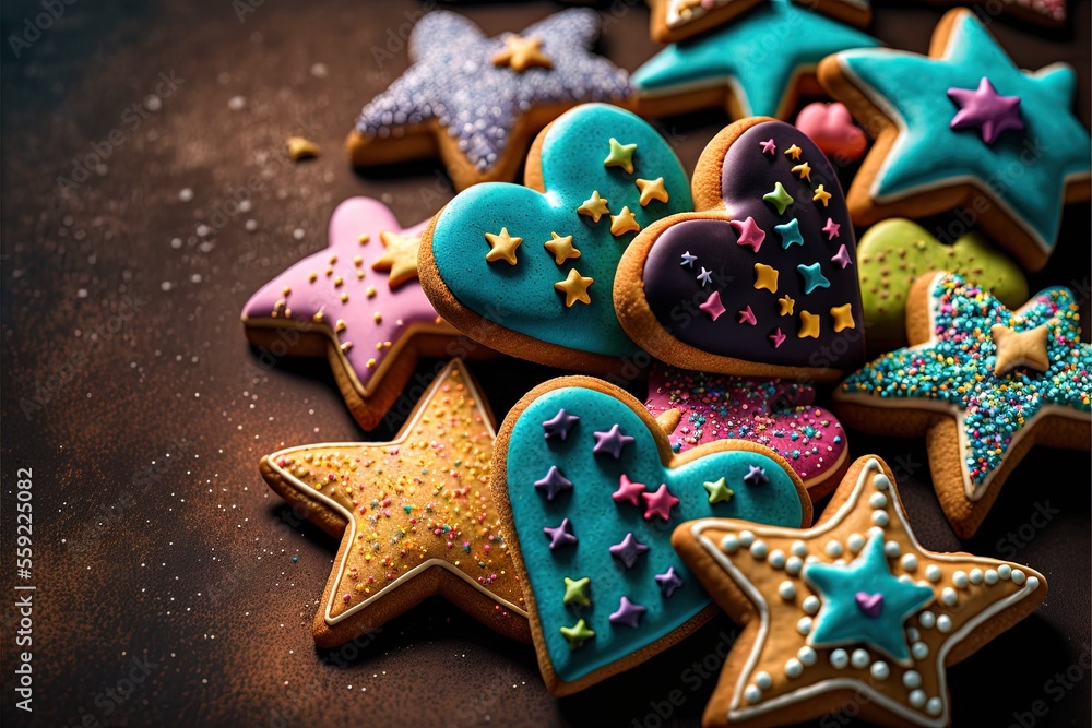 Poster a table topped with lots of decorated cookies on top of a table top next to a pile of cookies on top