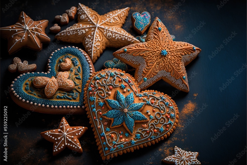 Poster a group of cookies that are on a table together with decorations on them and a star on top of one of