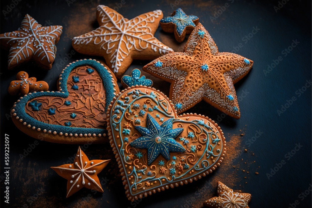 Poster a group of cookies that are on a table together with decorations on them and a star on top of one of