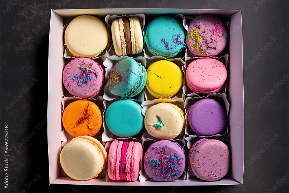 Poster a box of colorful macaroons on a table top with a black background and a black table top with a blac