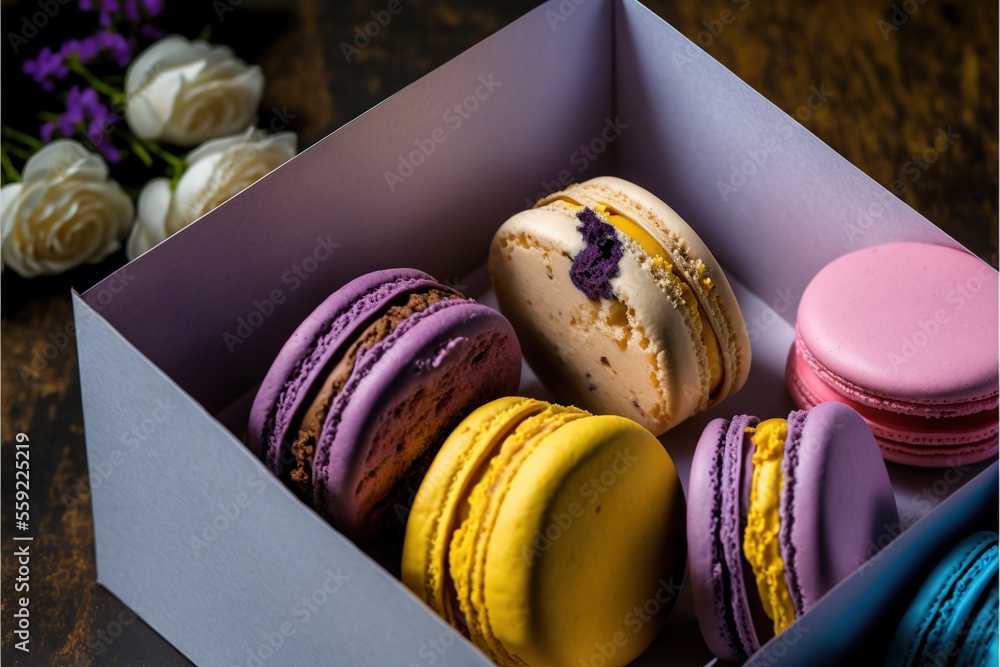 Poster a box of colorful macaroons sitting on a table next to a bouquet of flowers and a vase of flowers on