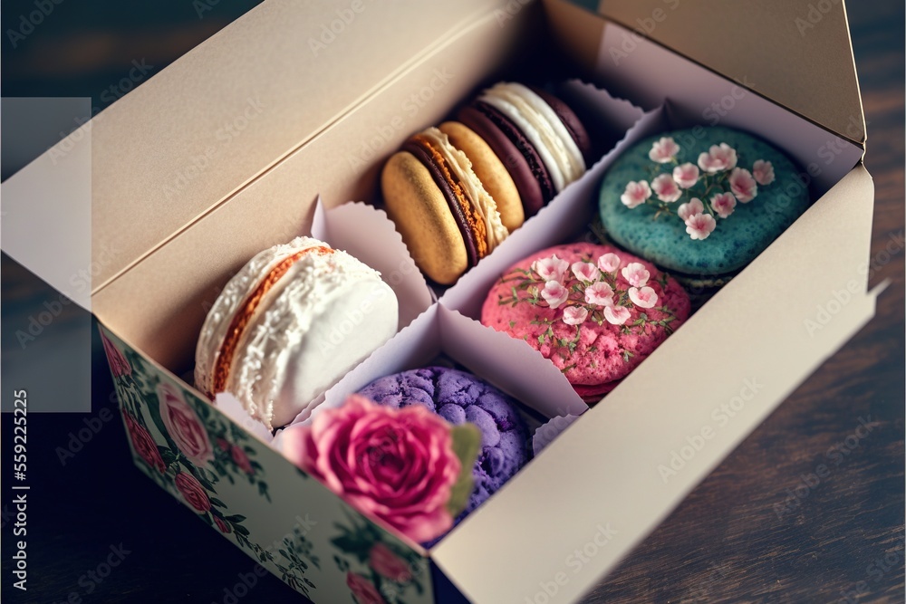 Poster a box of decorated cookies with frosting and flowers on them on a table top with a wooden table top 