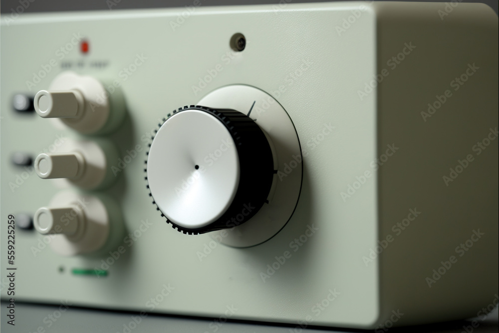 Poster a close up of a white electronic device with buttons and knobs on it's side and a black button on th