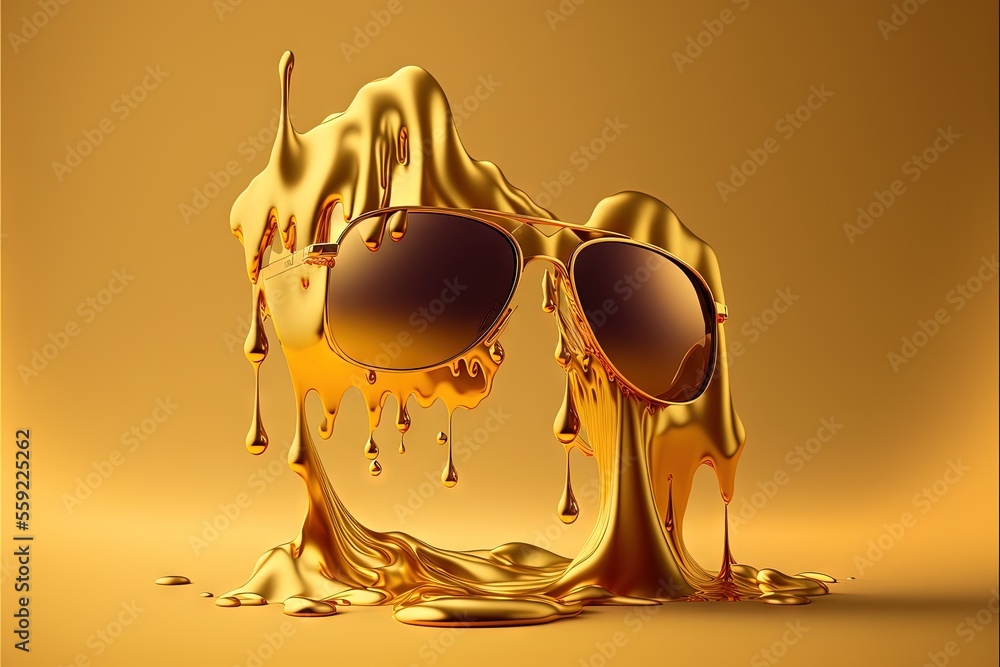 Poster a pair of sunglasses with a liquid splashing out of it on a yellow background with a gold background