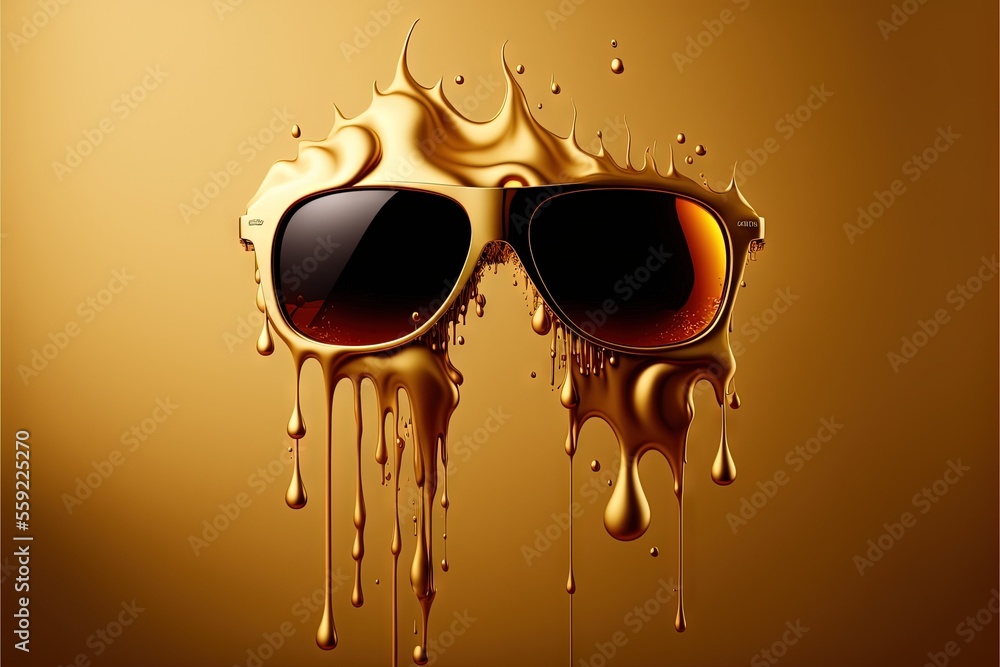 Poster a pair of sunglasses with a liquid splashing on them and the reflection of the glasses in the backgr