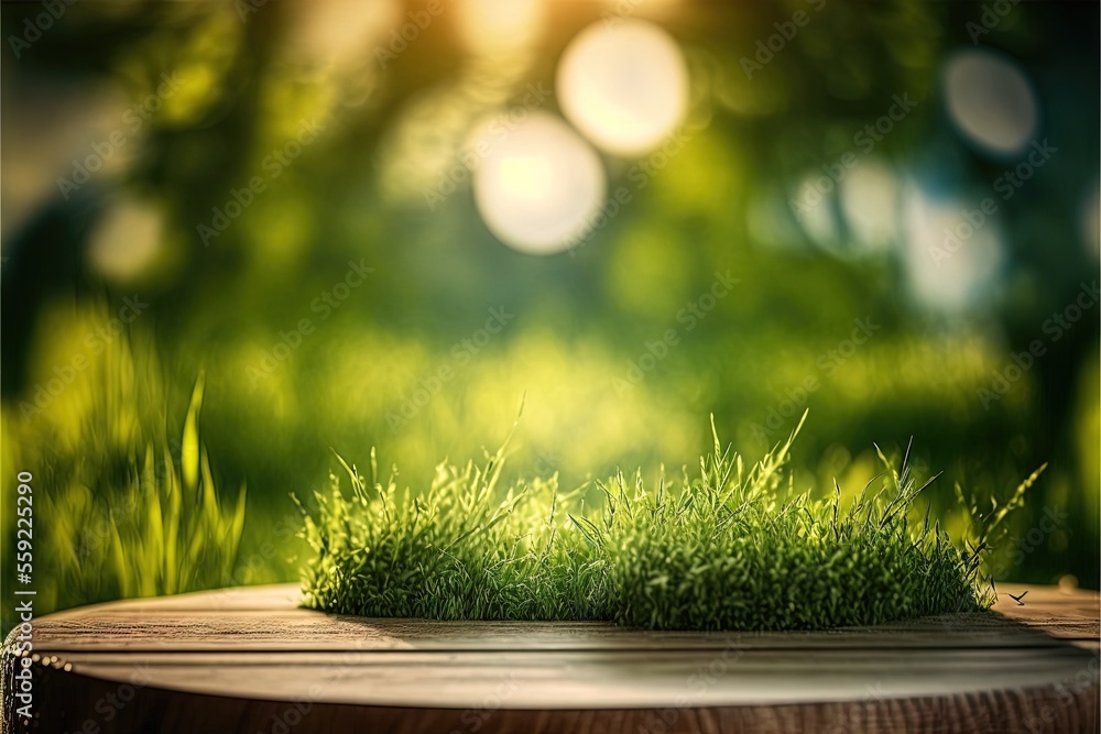 Poster a wooden table with grass on top of it in a park setting with sunlight shining through the trees and