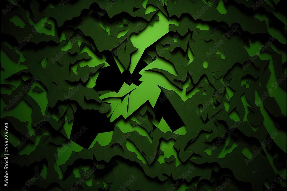 Poster a green camouflage background with a black arrow on it's left side and a black arrow on the right si