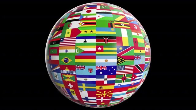 Various country flags on a spinning sphere against transparent background.