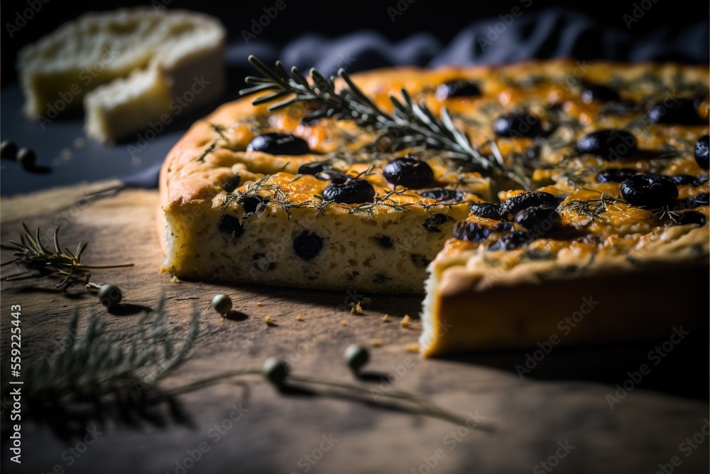 Poster a cheese pizza with olives and rosemary on a cutting board with a slice of bread in the background a