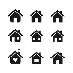House icons set. Home icons set. House symbol. Black icons of houses on white background. Vector illustration.