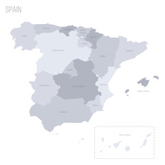 Spain political map of administrative divisions - autonomous communities and autonomous cities of Ceuta and Melilla. Grey vector map with labels.