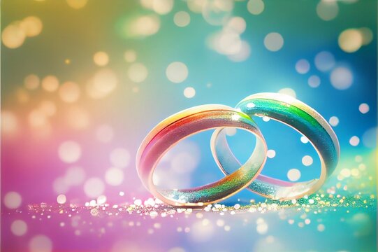 A pair of two engagement or wedding rings on an abstract rainbow background of the LGBT LGBTQI flag, concept of celebrating Valentine's Day, Freedom to Marry Day and same-sex marriage, generative ai