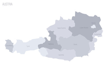 Austria political map of administrative divisions - federal states. Grey vector map with labels.