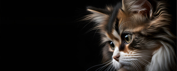 portrait of a cat with copy space isolated on black background, generative ai