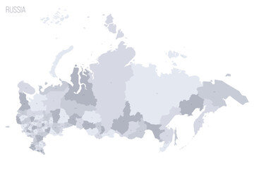 Russia political map of administrative divisions - oblasts, republics, autonomous okrugs, krais, autonomous oblast and 2 federal cities of Moscow and Saint Petersburg. Grey vector map with labels.