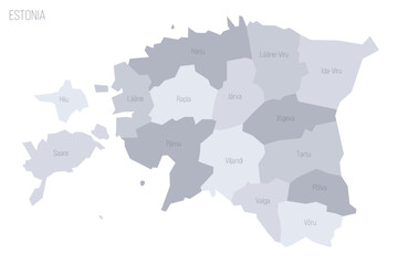 Estonia political map of administrative divisions - counties. Grey vector map with labels.