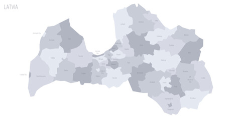 Latvia political map of administrative divisions - municipalities and cities. Grey vector map with labels.