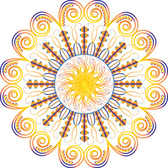 Mandala vector design element, round ornament decoration. Stylized floral motif, vintage decorative elements. Aboriginal folk art bohemian style, ethnic mandala, oriental pattern, orange illustration