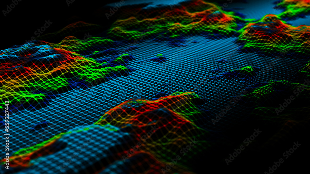 Poster abstract colorful digital landscape background. futuristic retro mountains wave. big data visualizat