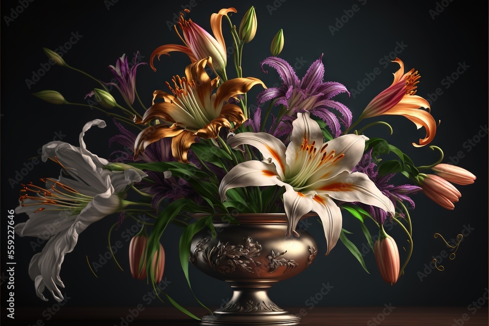 Poster a painting of a vase with flowers in it on a table top with a black background behind it and a butte