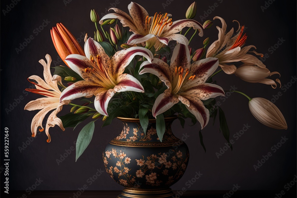 Poster a vase with flowers in it on a table next to a wall and a black background with a white and red stri