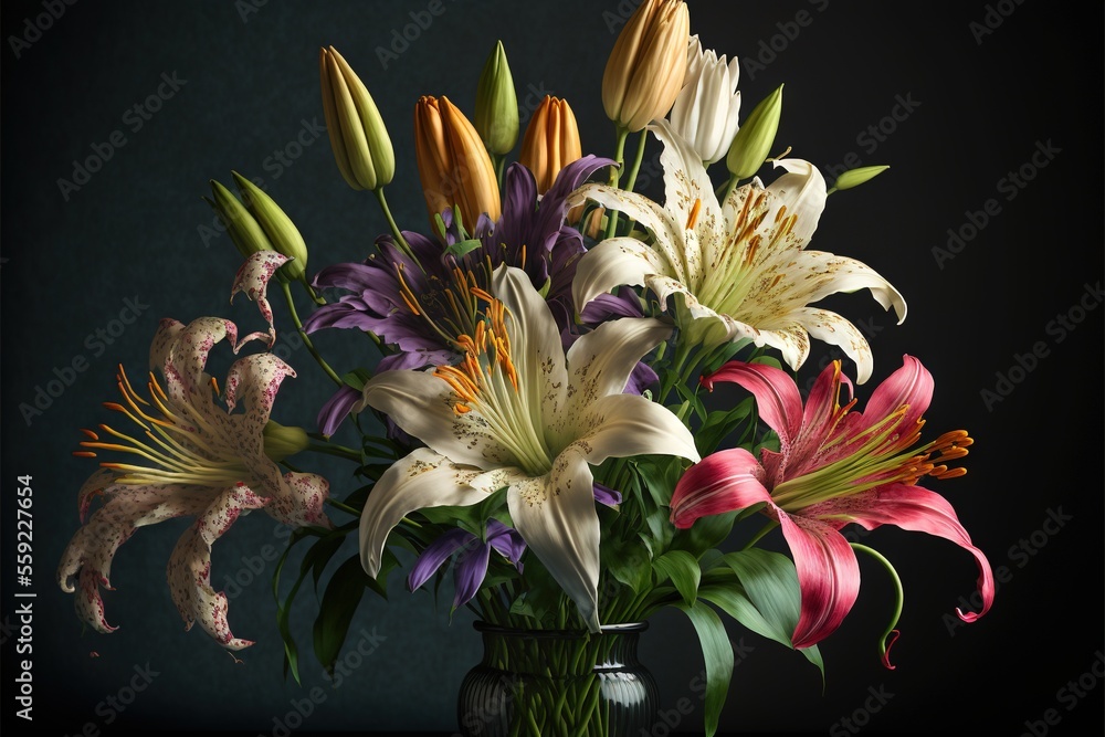 Poster a vase filled with lots of different colored flowers on a table top next to a wall with a dark backg