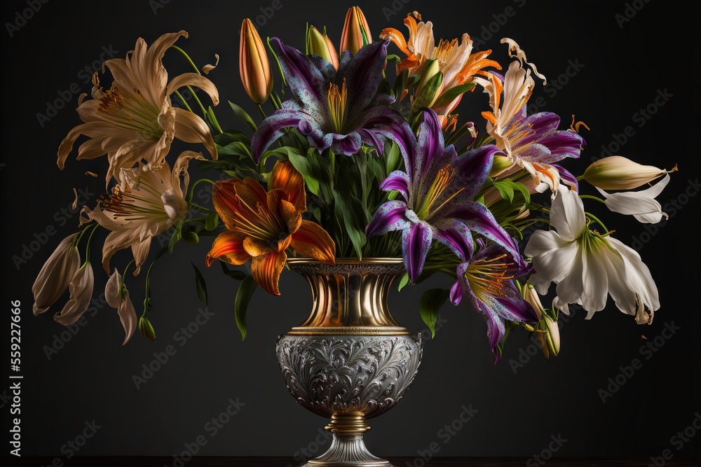 Poster a vase filled with lots of colorful flowers on a table top next to a black wall with a black backgro