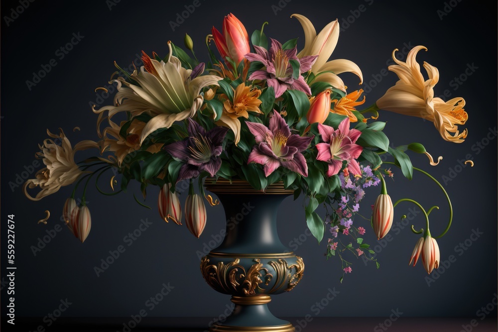 Aufkleber a vase filled with lots of flowers on a table next to a wall with a dark background behind it and a 