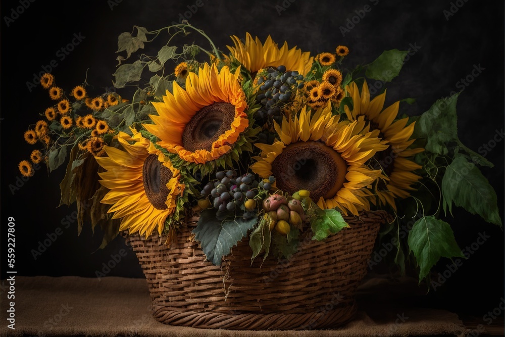 Poster  a basket filled with lots of sunflowers and grapes on a table next to a wall with a black background behind it and a black background with a black background with a few yellow flowers. Generative AI