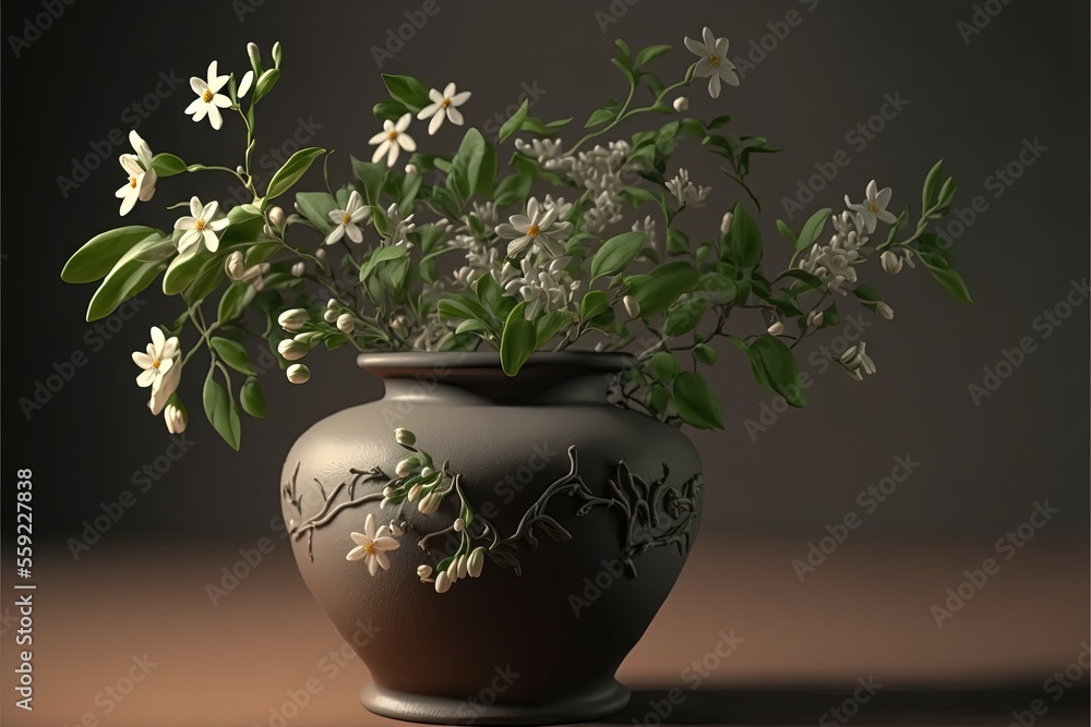 Poster  a vase with flowers in it sitting on a table top with a dark background behind it and a shadow of the vase on the table behind it, and a dark background, with a. Generative AI
