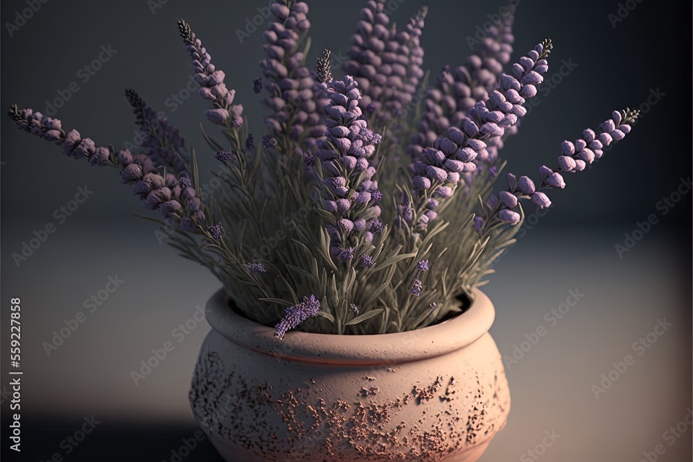 Poster a vase with lavender flowers in it on a table top with a dark background and a black background behi