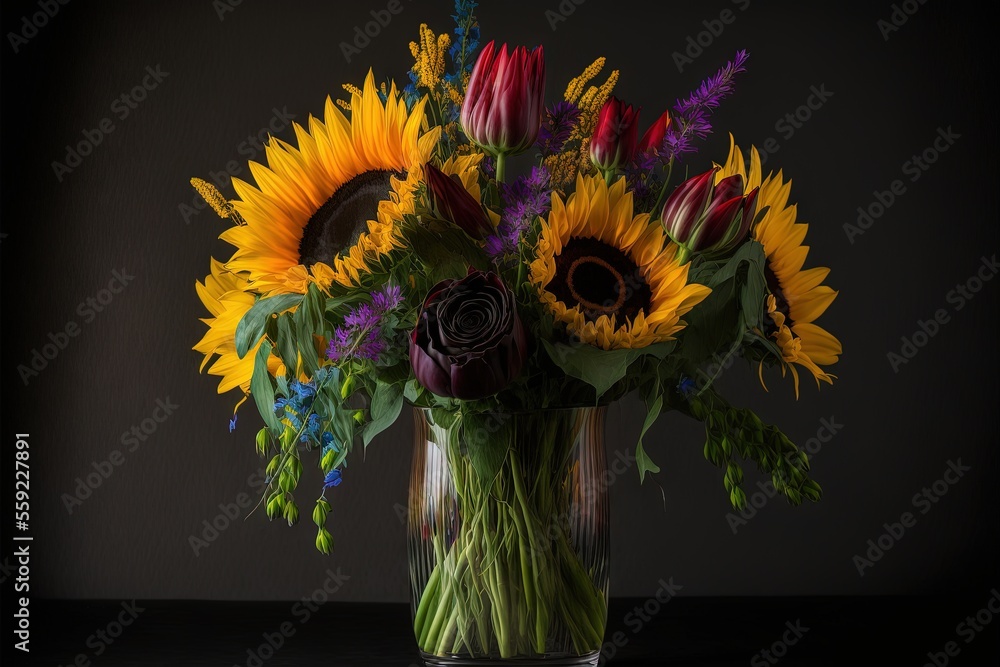 Poster a vase filled with lots of different colored flowers on a table top next to a wall with a mirror beh