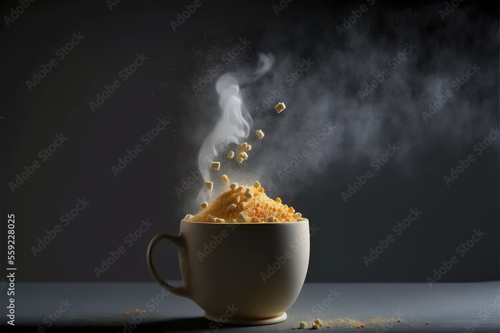 Poster a steaming cup of food with steam coming out of it and corn kernels coming out of it on a dark backg