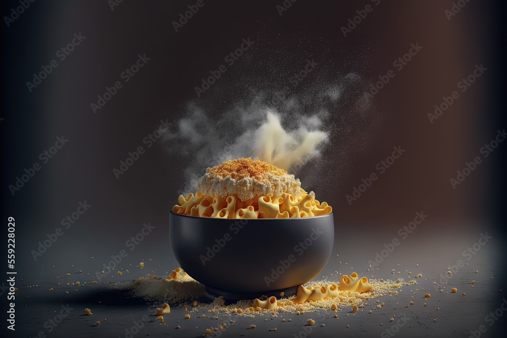 Poster a bowl of food with some smoke coming out of it and some cereal scattered around it on a table top w