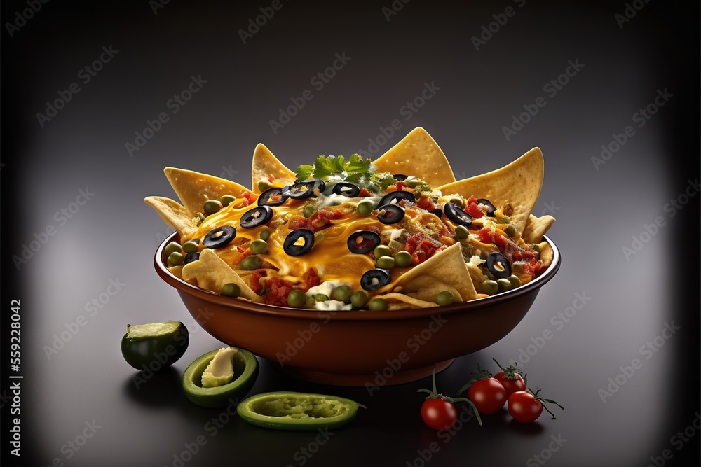 Poster a bowl of nachos with tortilla chips and guacamole and tomatoes on the side with a slice of lime and