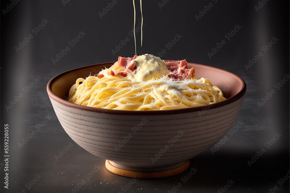 Poster a bowl of pasta with cheese and sauce being drizzled over it with a fork and a spoon in it on a blac