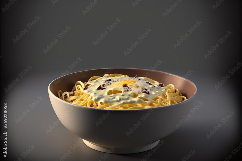 Poster a bowl of pasta with cheese and sauce on a dark background with a shadow of the bowl in the middle o