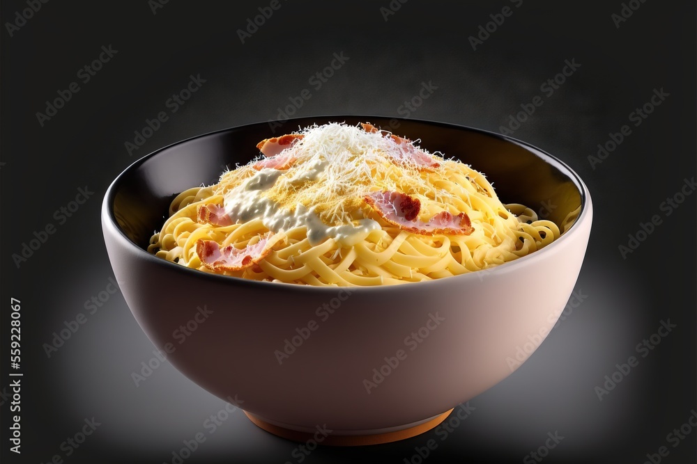 Poster a bowl of pasta with bacon and cheese on top of it on a black background with a shadow of a bowl of 