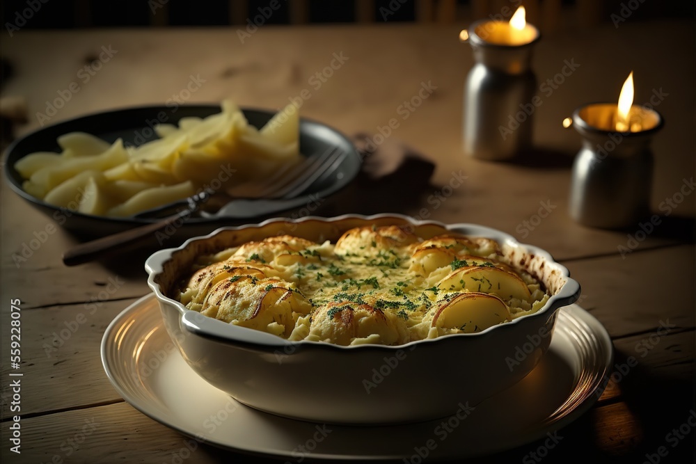 Poster a dish of food on a table with a candle and a plate of potatoes on the table behind it and a candle 