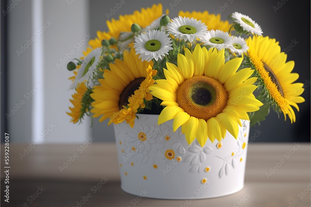Poster  a white vase filled with yellow and white flowers on a table top with a wall in the background and a door in the background behind it, and a window in the corner of the. Generative AI