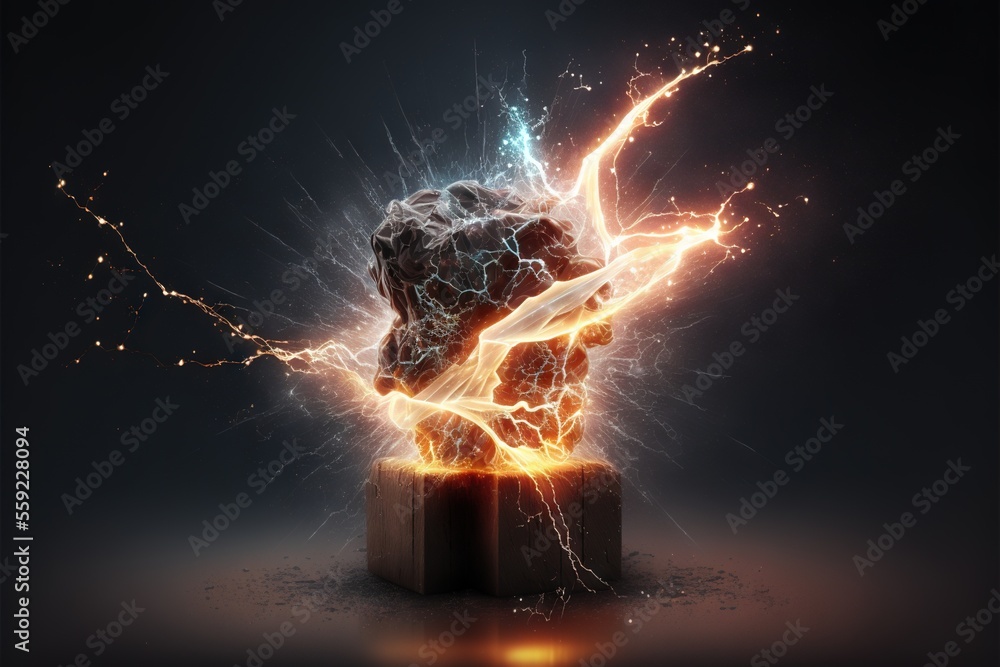 Poster a strange object with a lot of fire and sparks coming out of it's back end and a black background wi
