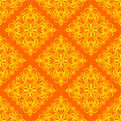 seamless graphic pattern, tile with abstract geometric yellow ornament on orange background, texture, design